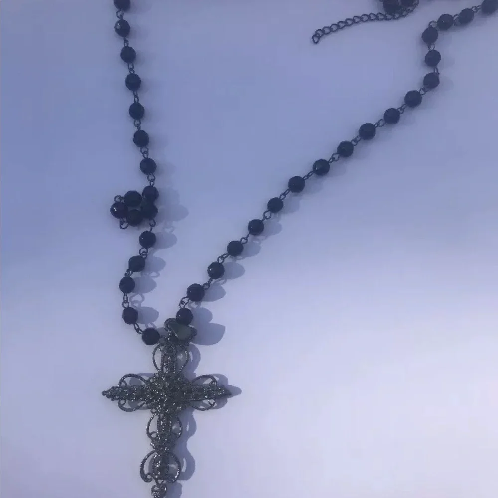Cross necklace black beads Long rosary‎ style